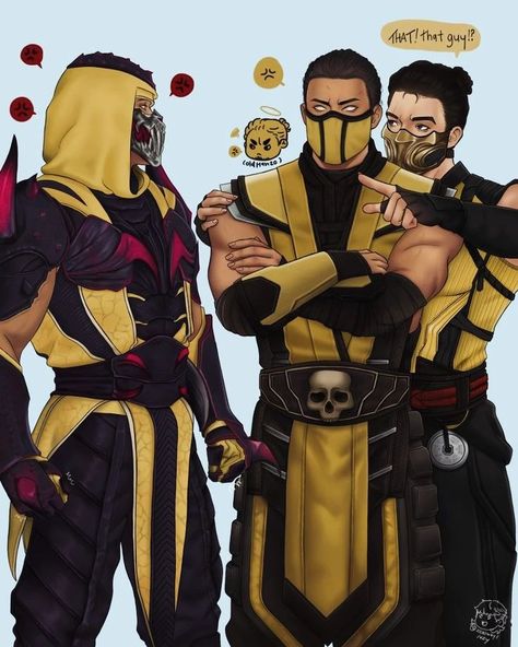 Fire 🔥 & Ice ❄️ ft. Smoke 💨 | The three Scorpion's are grandmasters of Shirai Ryu forever Hanzo, Kuai and order of darkness.. 🥷🏽💛🦂🔥 * * #MortalKombat1 #Scorpion… | Instagram Mk Scorpion Art, Lin Kuei Brothers, Hanzo X Kuai Liang, For Honor Armor, Mortal Kombat X Scorpion, Lord Raiden, Mk Fanart, Lin Kuei, Hanzo Hasashi