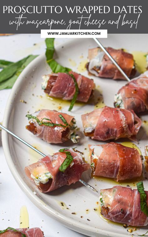 Holiday Christmas appetizer prosciutto wrapped dates stuffed with goat cheese, mascarpone and basil Finger Foods For Date Night, Date Night Finger Food Ideas, Savory Date Recipes, Procuitto Recipes Appetizers, New Years Food Ideas Appetizer Recipes, Stuffed Dates Recipes Appetizers, Entrees Recipes Starters, Stuffed Dates Recipes, Prosciutto Wrapped Dates