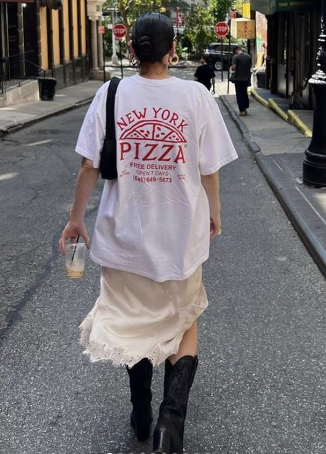 Vintage Tee Street Style, White T Shirt Skirt Outfit, Slip Skirt Tshirt Outfit, Long Skirt And Band Tee, Oversized Shirt And Long Skirt, Oversized Shirt And Cowboy Boots, Slip Dress Layering Street Styles, Oversized Tshirt Street Style, Cowboy Boots Outfit Long Skirt