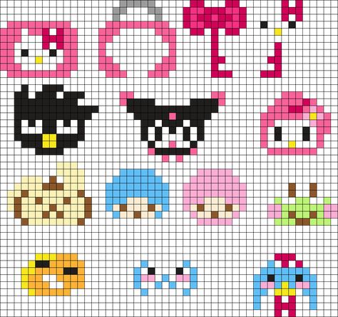 Sanrio Locket And Charms Perler Bead Pattern | Bead Sprites | Characters Fuse Bead Patterns Friends Pixel Art, Easy Perler Bead Patterns, Easy Perler Beads Ideas, Hello Kitty Friends, Fuse Bead Patterns, Easy Pixel Art, Hama Beads Design, Hello Kitty And Friends, Perler Bead Templates