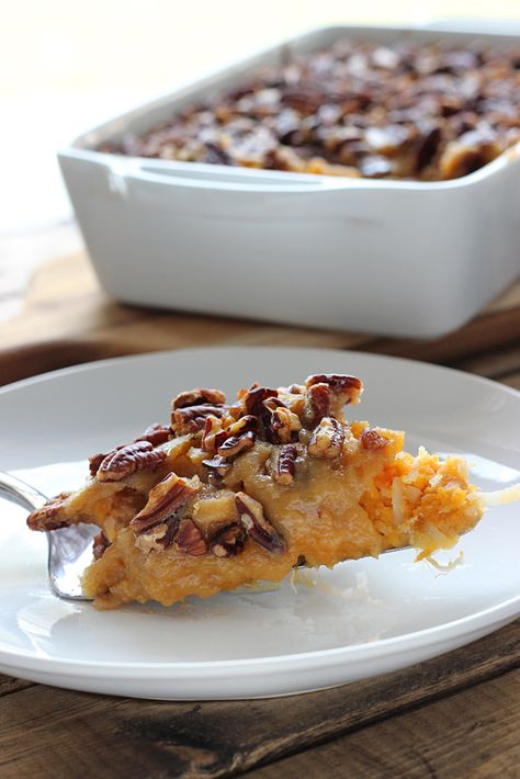 Sweet potato casserole is delicious and comforting, sweet but not too decadent.  With a crunchy fudge topping and festive sweet potato and coconut filling. Butterscotch Bread, Butterscotch Bread Pudding, Bourbon Pecans, Pecan Bread Pudding, Butterscotch Recipes, Pecan Bread, Bread Puddings, Bread Pudding Recipe, Dessert Bread