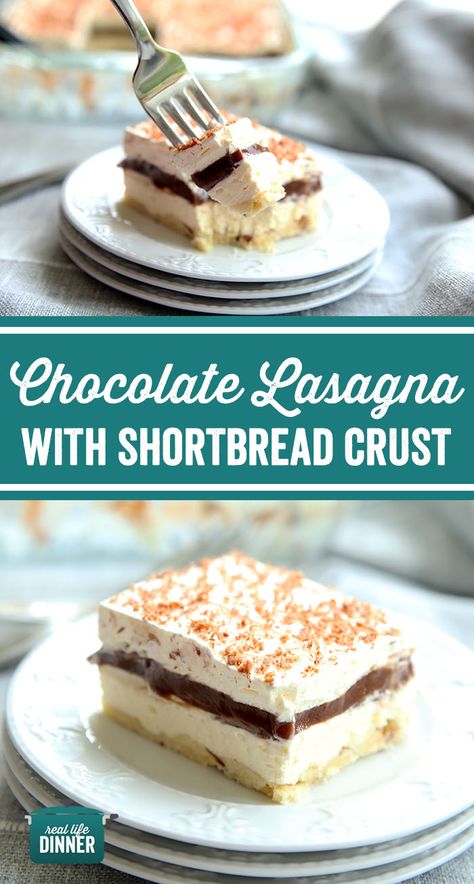 No Bake Shortbread Crust, Recipes With Shortbread Crust, Desserts With Shortbread Crust, Shortbread Crust Desserts, Dessert Lasagna Recipes, Pie With Shortbread Crust, Chocolate Lasagna Dessert, Shortbread Crust Recipe, Chocolate Lasagna Recipe