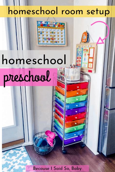 Preschool Organization At Home, Homeschool Room Ideas At Home Preschool, Learning Room At Home, Prek Classroom Setup At Home, Preschool Homeschool Corner Ideas, Preschool Room Ideas Classroom Setup Learning Spaces, Preschool Homeschool Set Up Small Space, Prek Homeschool Room, Pre K Homeschool Room