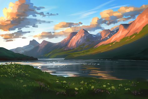 Scenery Painting Digital, Art Background Horizontal, Landscape Paintings Horizontal, Horizontal Drawings, Landscape Art Horizontal, Scenery Horizontal, Nature Scenes Landscapes, Horizontal Paintings, Easy Nature Paintings