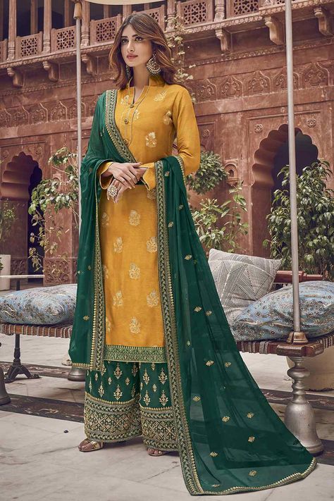 Women's Dress Materials Online Indian Clothes Women, Indian Suits For Women, Palazzo Dress, Plazzo Suits, Costume Bleu, Yellow Suit, Costume Noir, Salwar Dress, Palazzo Suit