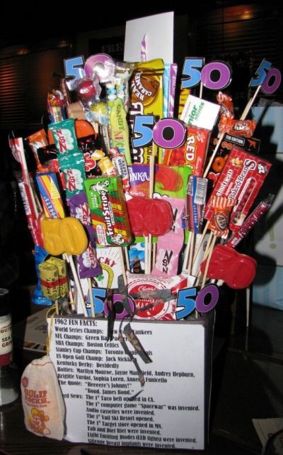 50th birthday candy arrangement full of retro candy.  See more 50th birthday gag gifts and party ideas at www.one-stop-party-ideas.com 50 Birthday Gift Baskets, 50th Birthday Gag Gifts, Funny 50th Birthday, Funny 50th Birthday Gifts, Candy Arrangements, 50th Birthday Gifts For Woman, 50th Bday, 50 Birthday, 50th Birthday Funny