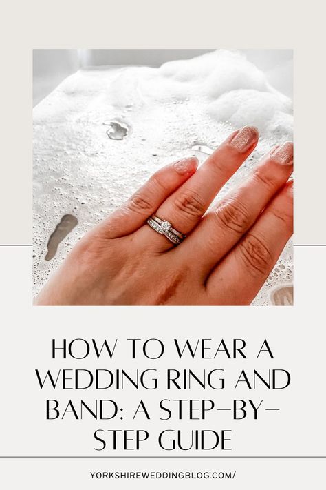 text says 'How to Wear a Wedding Ring and Band: A Step-by-Step Guide' Wedding Band Width Comparison, Order Of Wedding Rings On Finger, How Many Rings Should You Wear, How To Wear Wedding Rings Set, Wedding Ring Pairings, How To Stack Wedding Rings, Wedding Band And Engagement Ring Pairing, Engagement Ring And Wedding Band Set, Ring Stacking Ideas Wedding Bands