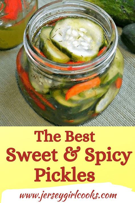 Sweet and Spicy Refrigerator Pickles are made with just a few simple ingredients. If you don't want to deal with canning, these easy homemade cucumber pickles are for you! #refrigeratorpickles #picklesrecipe #sweetspicypickles #condiment #pickles Pickle Recipes With Pickling Spice, Sweet And Spicy Garlic Refrigerator Pickles, Sweet And Hot Pickles Canning, Sweet And Spicy Canned Pickles, Spicy Fridge Pickles, Sweet Heat Pickles Canning, Spicy Sweet Pickles Recipe, Crispy Refrigerator Pickles, Sweet And Hot Pickles