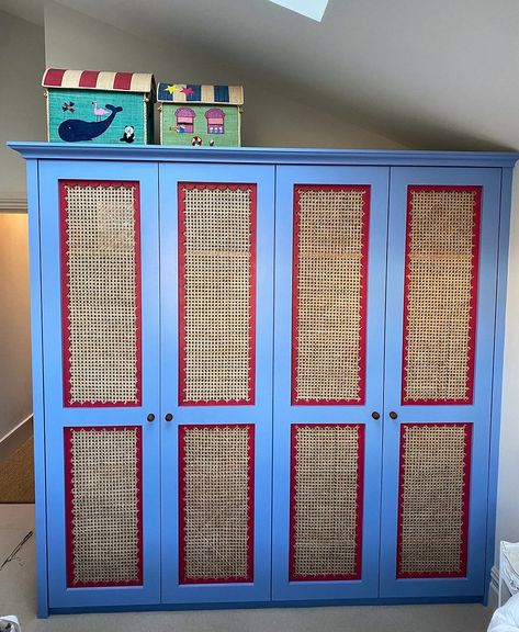 Just love this beauty by Faith! Built in wardrobes for the nursery using our Louli scalloped architrave as a beautiful detail in colour… | Instagram Colourful Eclectic Bedroom, Coloured Wardrobes, Scalloped Bedroom, Wardrobe In Bedroom, London Nursery, Colorful Eclectic Bedroom, Colourful Wardrobe, Hampton Interior, Vintage Boys Room