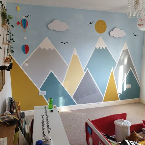 Painted Wall Mountains, Wall Mountain Painting, Playroom Mountain Wall, Kids Bedroom Wall Painting Ideas Boys, Wall Paint Mountains, Nursery Ideas Wall Paint, Kids Mountain Mural, Kids Room Mountain Wall, Mountains Wall Painting