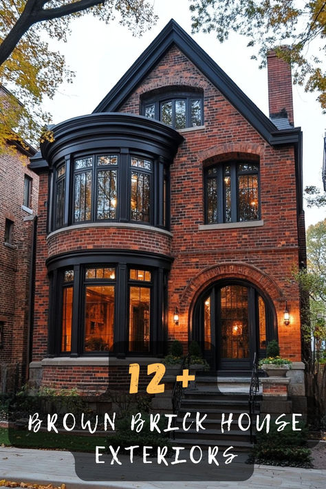 Embrace the timeless elegance of brown brick exteriors! Ready to enhance your home's appearance? Click for chic and classic design ideas that elevate your facade. 🏠✨ #TimelessElegance #BrownBrickExterior #ChicHome #ClassicDesign #FacadeUpgrade Upstate New York Homes Exterior, Red Brick Brown Trim, Mixed Brick House Exterior, Brick Two Story House Exterior, Red Brick Tudor Exterior, Brick House Dark Trim, 90s Brick House Exterior Makeover, Two Story Brick Homes, Red Brick House With Black Trim