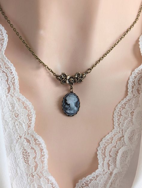 Blue Cameo Necklace, Lady Portrait Jewelry, Vintage Style Pendant, Something Blue for Bride, Gift for Her, Historical Costume by PapillionEra on Etsy Vintage Blue Jewelry, Vintage Cameo Necklace, Vintage Necklace Pendant, Vintage Necklace Victorian, Broaches Vintage, 1800 Jewelry, Victorian Jewelry Necklace, 1800s Jewelry, Vintage Cameo Jewelry