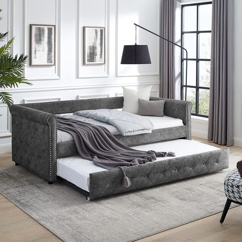 Grey Daybed, Button Tufted Sofa, Sofa Bed Frame, Twin Daybed With Trundle, Daybed With Drawers, Daybed Design, Upholstered Daybed, Daybed With Trundle, Beds And Headboards