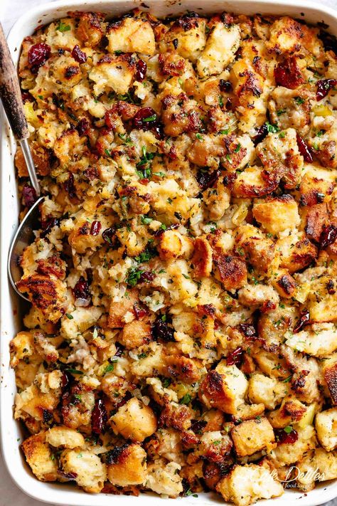 Stuffing Recipe is FULLY STUFFED with so much flavour, and perfect for serving as a Thanksgiving side with gravy! | cafedelites.com Turkey Gravy From Drippings, Easy Stuffing Recipe, Turkey Stuffing Recipes, Sausage Stuffing Recipe, Best Stuffing, Turkey Gravy Recipe, Homemade Stuffing, Thanksgiving Food Sides, Stuffing Recipes For Thanksgiving