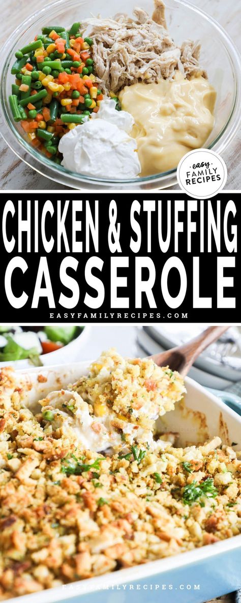 Chicken and Stuffing Casserole with Vegetables · Easy Family Recipes Cozy Casseroles, Stovetop Stuffing, Stove Top Stuffing Recipes, Chicken And Vegetable Casserole, Chicken Breast Casserole Recipes, Chicken Breast Casserole, Easy Casserole Recipe, Baked Chicken Casserole, Hot Chicken Salads