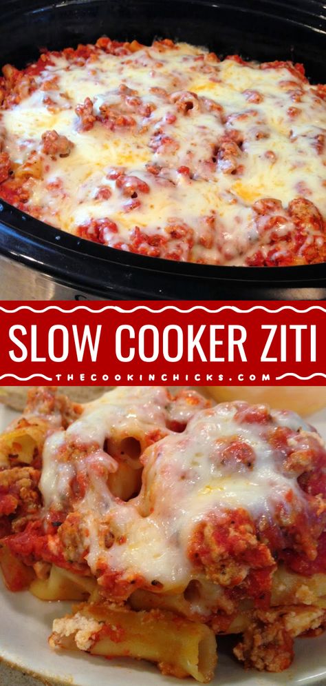 Learn how to make baked ziti in the slow cooker! The whole family will love this easy crockpot meal of pasta, meat, sauce, and plenty of cheese. It's so delicious! Put this slow cooker dinner recipe on your rotation! Ziti Crockpot Recipes Easy, Crock Pot Baked Ziti With Italian Sausage, Bake Ziti Crockpot, Crockpot Italian Pasta Recipes, Baked Ziti Recipe Crockpot, Pasta Recipes Crockpot Slow Cooker, Ziti In The Crockpot, Comforting Crockpot Recipes, Pasta In The Slow Cooker