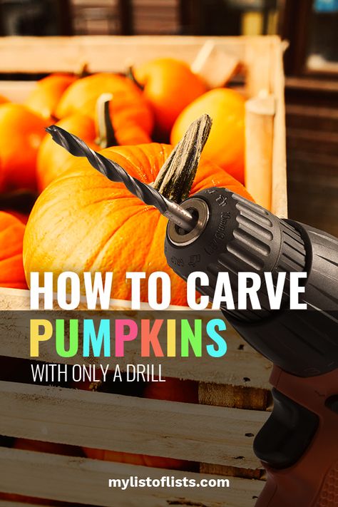 Pumpkin carving tools are sharp, and carving with those tiny tools can take forever. Plus, lets be honest, it’s kind of a mess!  I find pumpkin goop in my hair for days! If you trust your kiddos with a power drill (I guess this is no safer than the pumpkin carving tools..) or just a handheld screw driver, you might want to try carving your pumpkins with a drill! #pumpkin #carving #fall Drilling Pumpkins Ideas, Pumpkin Carving Drill Patterns, Drill Pumpkin Carving, Pumpkin Carving With Drill, How To Carve Pumpkins, Best Pumpkin Carving Tools, Small Pumpkin Carving Ideas, Pumpkin Carving Tools, Carve Pumpkins