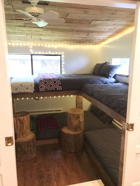 Small River House Decor, River Cabin Ideas, River Cabin Decorating Ideas, Bunkhouse Ideas Guest Cabin, River Cabin Decor, River House Decorating Ideas, River Decor, River Cabins, River House Decor