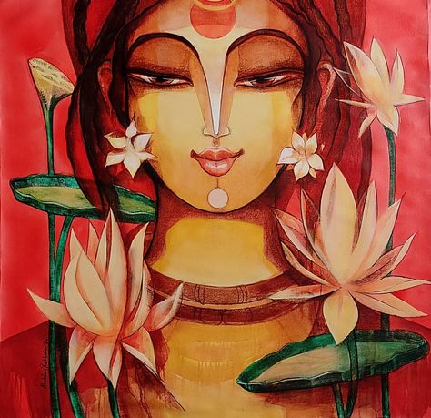 46" X 46" - Prabhakar Ahobilam Contemporary Art Painting Portrait, Indian Contemporary Art, India Painting, Buddha Art Painting, Pichwai Paintings, Beautiful Art Paintings, Contemporary Art Painting, Indian Folk Art, Madhubani Painting