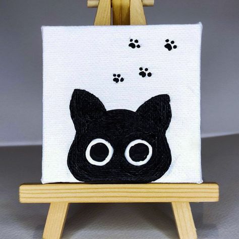 Cute Black Cat Art on Mini Canva Cat Simple Painting, Cute Cat Painting Easy, Black Cat Painting Easy, Simple Cat Painting, Cute Black Cat Art, Fall Homescreen, Mini Tela, Mini Toile, Black Cat Painting