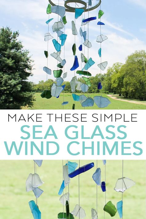 Make these simple sea glass wind chimes with just a few supplies! These beach themed wind chimes are just what your home needs this summer! #seaglass #beach #crafts #windchimes Sea Glass Wind Chimes, Sea Glass Diy, Make Wind Chimes, Wind Chimes Homemade, Sea Glass Art Diy, Sea Glass Art Projects, Wind Chimes Craft, Beach Glass Crafts, Glass Wind Chimes