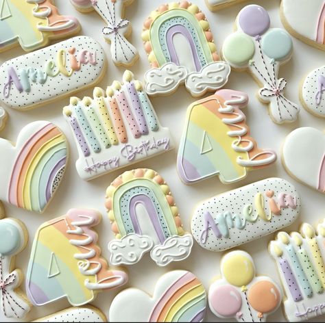 Rainbow Cookies Decorated, Rainbow Birthday Cookies, Specialty Cookies, Rainbow Sugar Cookies, Birthday Font, Icing Designs, Cookies Design, Happy Birthday Font, Font Love