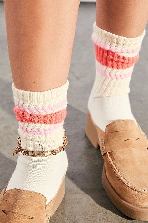 Classic sporty crew socks featured in a wide ribbed design with striped details at the ankle.* Calf-high rise* Comfortable fit Dyed Socks, Striped Tube Socks, 2023 Trends, Retro Stripes, Tube Socks, Fall 2023, Bohemian Clothes, Boho Women, Boho Clothing