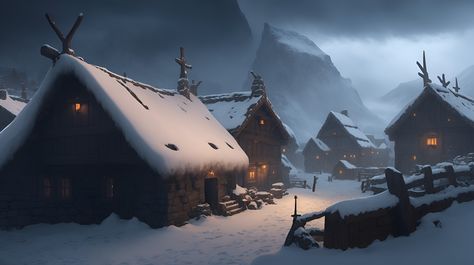 Fantasy Mountain Village Concept Art, Snowy Viking Village, Snow Village Fantasy Art, Snowy Fantasy Village, Medieval Mountain Village, Snowy Fortress, Norse Fantasy Art, Snowy Village Fantasy Art, Fantasy Snow Village