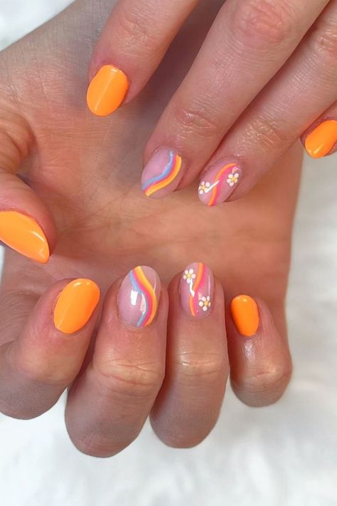 Summer Nails Designs Almond Shape, Bright Simple Nails For Summer, Summer Round Nails Ideas, Fun Summer Nails Bright Almond, Spring Break Nail Ideas Almond, Summer Nail Designs Almond Shape, Tangerine Nails Design, Summer Nails No Design, Bright Spring Nail Designs