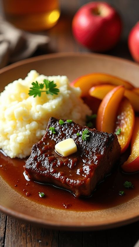 Apple Cider Braised Short Ribs with Mashed Potatoes Cider Braised Short Ribs, Braised Short Ribs Recipe, Short Ribs Slow Cooker, Best Apple Cider, Colorful Carrots, Thanksgiving 2024, Hearty Casseroles, With Mashed Potatoes, Braised Short Ribs