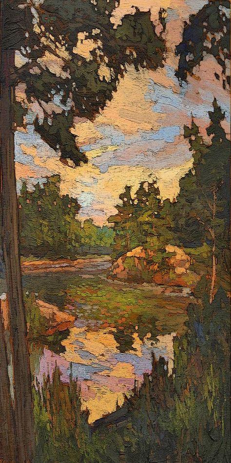 Dawn At The Pond - Giclee Fine Art Vertical PRINT of Original Painting matted 12x20 by Jan Schmuckal Vertical Oil Painting, Jan Schmuckal Paintings, House On Pond, Oil Wallpaper, Jan Schmuckal, Artsy Projects, Ocean Landscape Painting, Art Ho, Cabin Art