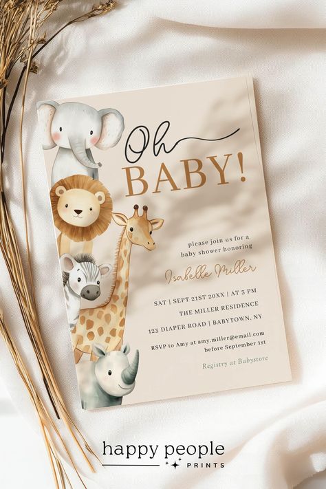 Boho Oh Baby Safari Baby Shower Invitation Gender Neutral, Editable Jungle Animals Invite Template Canva, Instant Download, HP075AN Giraffe Baby Shower Theme, Jungle Safari Baby Shower, Baby Shower Safari Theme, Safari Baby Shower Invitations, Elephant Stickers, Baby Shower Giraffe, Jungle Baby Shower Theme, Animal Baby Shower, Invite Template