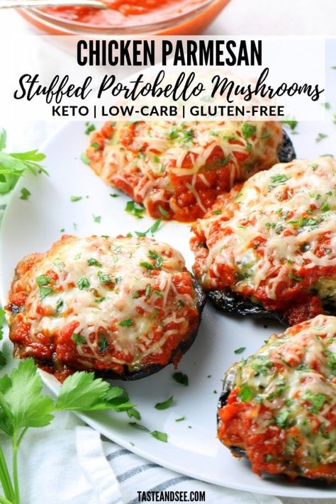 These Chicken Parmesan Stuffed Portobello Mushrooms are a delicious meal full of healthy ingredients and amazing flavors! #MushroomRecipes #Portobello #MealPlanning #GlutenFreeRecipes #LowCarbRecipes #LowCarbDinner #KetoRecipes #ChickenRecipes #TasteAndSeeFilled | With ground chicken, Parmesan cheese, spinach, fresh parsley, and spices then topped off with marinara sauce and Italian cheese. Ground Chicken Parmesan, Portobello Mushroom Recipes, Stuffed Portobello Mushrooms, Healthy Chicken Parmesan, Stuffed Portobello, Cheese Spinach, Stuffed Portabella Mushrooms, Italian Cheese, Portobello Mushroom