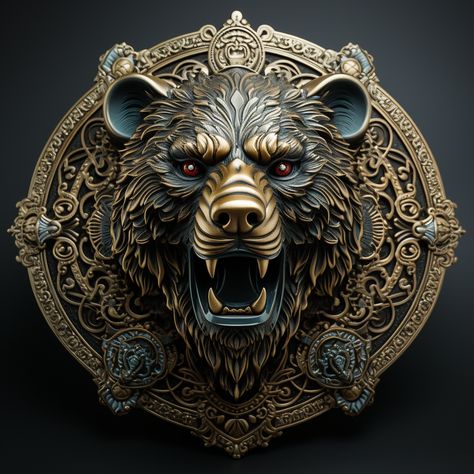 Realistic copper coin emblem depicting an angry bear. Great attention to detail to achieve a realistic image. The properties of brass are used to emphasize authenticity, warm golden tones and characteristic patina. Added intricate patterns that enhance the aesthetic appeal of the emblem Copper Logo, Heraldry Design, California Tattoo, Angry Bear, Egyptian Deity, Copper Coin, Golden Bear, Animal Symbolism, Copper Coins