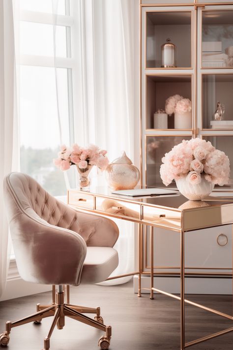 Pink Gold Office, Rose Gold Office Decor, Pink Home Office, Rose Gold Rooms, Gold Office Decor, Feminine Office, Feminine Home Offices, Gold Rooms, Dream Office