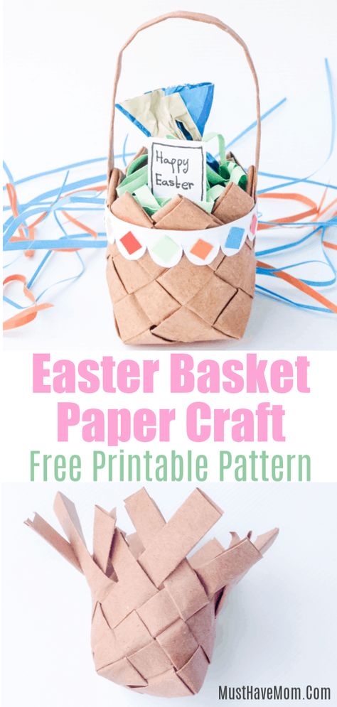 Paper basket weaving Easter craft for kids. Fun paper basket craft with free printable pattern. Basket Weaving For Kids, Paper Easter Basket, Paper Basket Weaving, Fun Easter Baskets, Easter Basket Crafts, Recycled Paper Crafts, Weaving For Kids, Basket Weaving Diy, Fun Easter Crafts