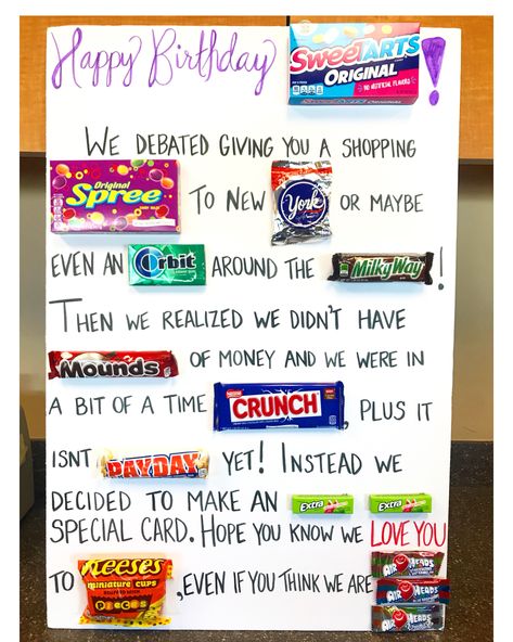 Birthday Candy Board, Candy Poster Board, Birthday Candy Poster, Candy Birthday Cards, Candy Bar Poster, Homemade Birthday Gifts, Candy Board, Candy Bar Birthday, Candy Poster