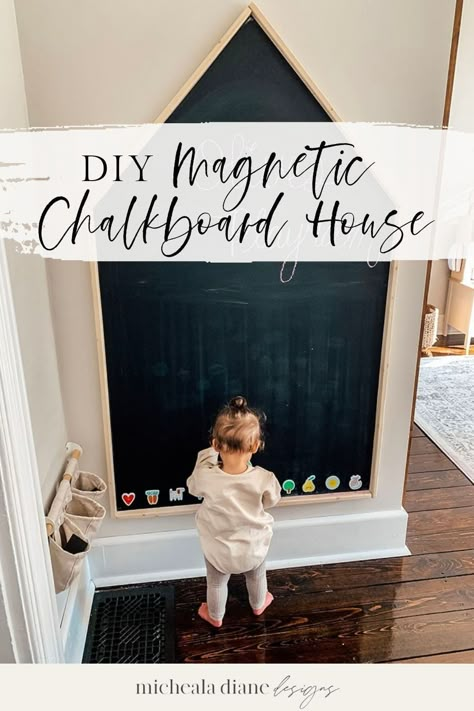 When I started designing our daughter’s playroom I came across an image of these large house-shaped chalkboards. We had the perfect spot for one and it was a great way to fill the empty space with a decorative and practical wall decor piece. This magnetic chalkboard house would be the perfect diy Christmas gift and it's so fun to make too! In this post, I am sharing a detailed step-by-step on how we created our own DIY magnetic chalkboard house and how you can too. Magnetic Playroom Board, Chalkboard Art Wall Kids, Playroom Wall Games, Chalkboard Paint Playroom, Magnet Chalkboard Wall, Playroom Chalk Wall, Kids Play Room With Chalk Board, How To Make A Magnetic Chalkboard, Magnetic Board For Playroom