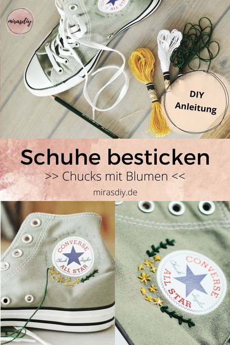 Einfache DIY-Anleitung zum Schuhe bestickenChucks mit BlumenNoch weitere Fashion-DIYs entdeckenJetzt los sticken Embroidery Ideas, Diy Fashion, All Star, Cycling, Converse, Embroidery, Crochet, Pins