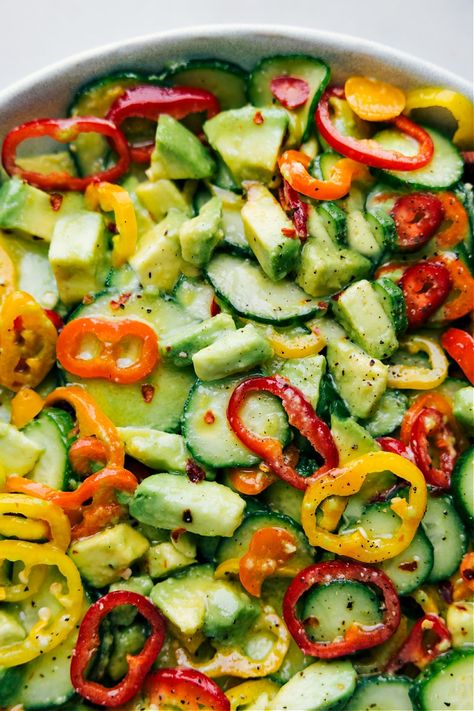 Cucumber Onion Pepper Salad, Cucumber Banana Pepper Salad, Banana Pepper Salad Recipe, Cucumber Green Pepper Salad, Cucumber Red Pepper Salad, Cucumber Bell Pepper Onion Salad, Green Pepper Salad Recipes, Recipes With Mini Cucumbers, Roasted Cucumber Recipes