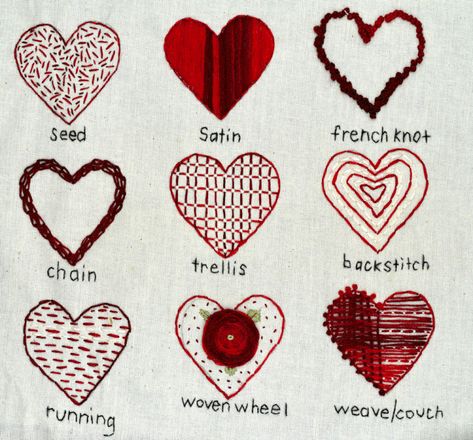 NINE FUN WAYS TO EMBROIDER VALENTINE HEARTS! — Pam Ash Designs Embroidery Heart Pattern, Valentines Embroidery Designs, Valentine Embroidery, Embroidery Hearts, Embroidery Sampler, Valentine Hearts, Cute Embroidery, Embroidered Heart, Simple Embroidery