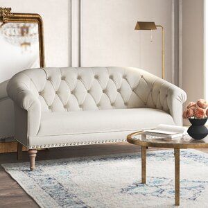 One Allium Way® Gracia 61" Flared Arm Settee | Wayfair White Loveseat Living Room, White Settee, Upholstered Settee, Bedroom Colour Palette, Kelly Clarkson Home, Rolled Arm Sofa, Wayfair Furniture, Vintage Sofa, Kelly Clarkson