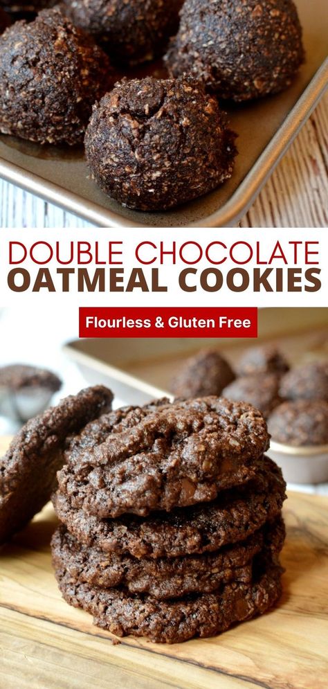 gluten free chocolate oatmeal cookies Gluten Free Egg Free Desserts, Flourless Oatmeal Cookies, Best Gluten Free Cookies, Egg Free Desserts, Chocolate Oatmeal Cookies, Gluten Free Oatmeal, Double Chocolate Chip Cookies, Gluten Free Egg Free, Chocolate Oatmeal