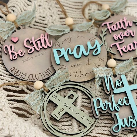 "Car Mirror Charms|Faith Over Fear|Blessed Mom|Be Stil| Mirror Charms| Beaded Charms| Rear Vew Mirror Ornament|Gift For Her|Christian  Important information: Ornaments sold separetly. Please make selection in menu prior to checkout.  If you would like your item painted or stained another color, please message me. I am happy to accommodate for no additional charge. Item Details: Approx 3.5\" x 3.5\" Made of Maple Laser Cut| Engraved | Handpainted & Stained Comes ready to hang. Wood bead and ribbo Christian Laser Cut Ideas, Laser Engraving Gifts, Car Mirror Charms, Christian Gifts Diy, Acrylic Projects, Mirror Ornament, Mirror Charms, Beaded Charms, Laser Cut Wood Crafts