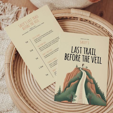 "This \"Last Trail Before the Veil\" bridal shower party invitation template is the perfect way to kick off your bachelorette weekend. Its unique and fun design captures the spirit of adventure, making it ideal for brides who love hiking, and the outdoors, or simply want an exciting twist on their bridal shower or bachelorette weekend. This printable bridal shower invitation is not only eye-catching but also entirely editable, allowing you to easily personalize the text and weekend itinerary to Last Trail Before The Veil, Bachelorette Invite, Bachelorette Themes, Weekend Itinerary, Bachelorette Invitations, Bachelorette Trip, Bachelorette Party Themes, Bach Party, Custom Templates