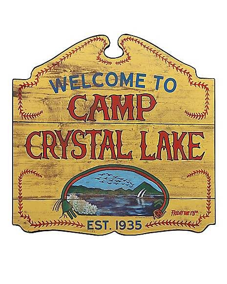 Welcome to Camp Crystal Lake Sign - Friday the 13th - Spirithalloween.com Camp Crystal Lake Sign, Halloween Friday The 13th, Lake Party, Camp Crystal Lake, Wooden Welcome Signs, Horror Decor, Lake Signs, Sign Display, Crystal Lake