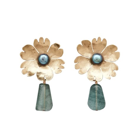 Bronze & Pearl Earrings - These statement earrings feature hand-fabricated carnation flowers in bronze, accompanied by a grey pearl and aquamarine. Artist Julie Cohns studio uses a special finish on their bronze pieces, which protects them from tarnishing and discoloring skin.  A wonderful marriage of color and form, these earrings rest on gold-filled post backs. Julie Cohn Design, Ancient Roman Jewelry, Poppy Necklace, Chalcedony Necklace, Artisan Jewelry Handmade, Lapis Necklace, Historical Jewellery, Flower Earring, Bronze Earrings