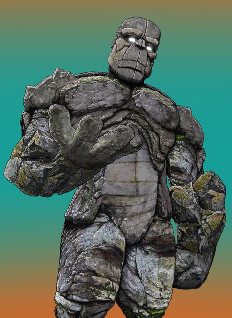 This rock giant is made out of 68 photographs of boulders, rocks and cliff sides, with a little shading drawn on top. Rock Person Character Art, Rock Creature, Fantasy Symbols, Discord Game, Rock Monster, Shading Drawing, Rock Face, Superhero Characters, Monster Concept Art