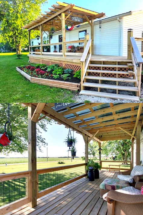 Trailer Porch Decorating Ideas, Back Porch Wood Deck Ideas, Trailer House Porch Ideas, Trailer Porch Ideas, Mobile Home Decks, Mobile Home Decks And Porches, Porch Skirting Ideas, Elevated Porch, Mobile Home Skirting Ideas