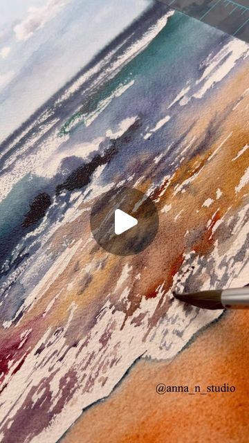 Beach Umbrella Watercolor, Sea Waves Watercolor, Watercolour Beach Tutorial, Watercolor Waves Tutorial, Beach Watercolor Paintings, Watercolor Beach Scenes, Watercolor Art Sea, Watercolour Painting Ideas, Seascape Paintings Acrylic